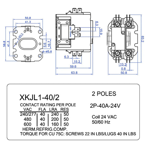 Technical diagram of 2 Pack 24V Coil 40A 1 Pole Air Conditioner Contactor Ready To Swap In UL Listed Carrier Compatible Motor Relay Replacement.
