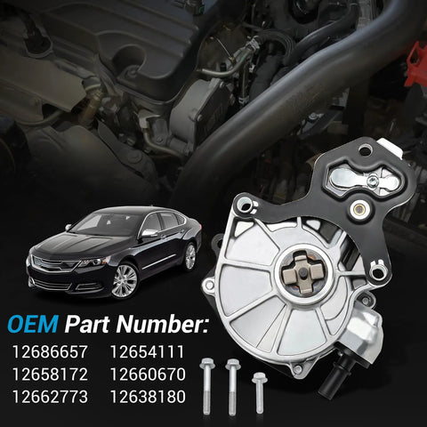 Brake booster vacuum pump, silver body with black mounting, OEM 12686657/12654111, four mounting bolts.