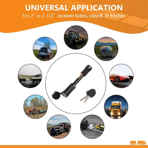 Heavy Duty Trailer Hitch Lock With 5/8 Inch Pin, 3-1/2 Inch Long, Fits Class III And IV 2 Inch And 2-1/2 Inch Receivers shown with applications