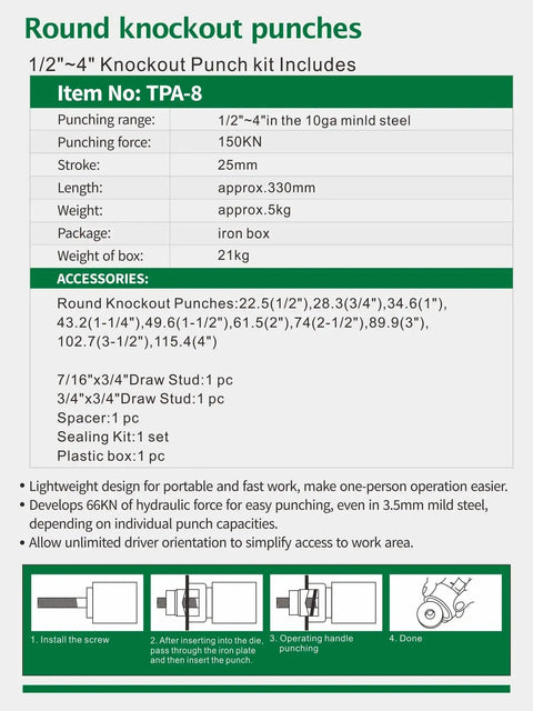 Specifications and accessories for Pro-Grade 15 Ton Hydraulic Knockout Punch Kit With 10 Dies, 1/2 to 4 inch conduit
