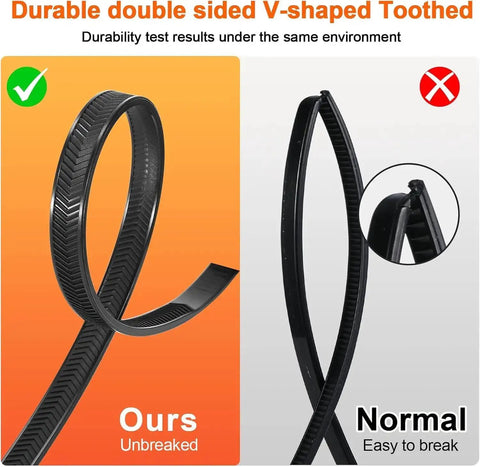 Comparison of durable double-sided V-shaped toothed black zip ties, highlighting heavy duty 12 inch zip ties with 200lbs tensile strength.