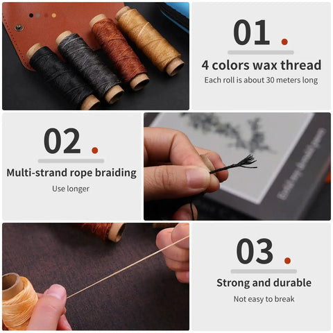 Four rolls of wax thread in Pro Grade Beefed Up Leather Sewing Kit For Hand Stitching With Durable Needles, showing thread strength.