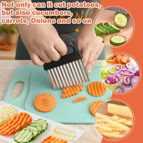 Crinkle Cutter Waffle Fry Cutter Stainless Steel French Fry Slicer in use on kitchen counter with sliced veggies