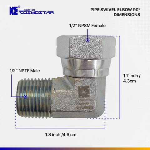 Cosmostar 1/2 in NPTF male to 1/2 in NPSM female pipe swivel elbow, 90-degree chrome metal hydraulic adapter