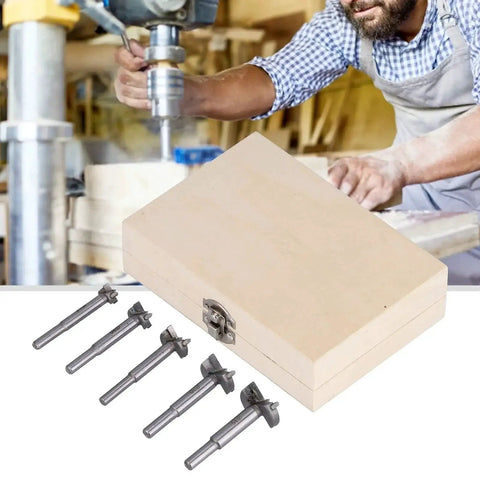 Five Piece Drill Bit Set With Adjustable Positioning Hinge Jig Drill Guide And Hinge Hole Cutter In A Durable Storage Box shown with craftsman