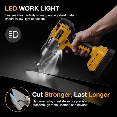 Cordless Metal Shears 20V Max Bare Tool Pro Grade For 14 Gauge Cutting in use with LED light in dark setting