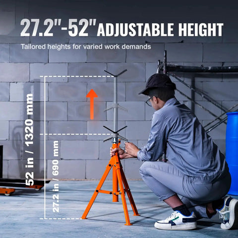 Worker using Heavy Duty Pipe Jack Stand 2500 Lbs Adjustable 27 to 52 Inches for pipe installation in industrial setting.