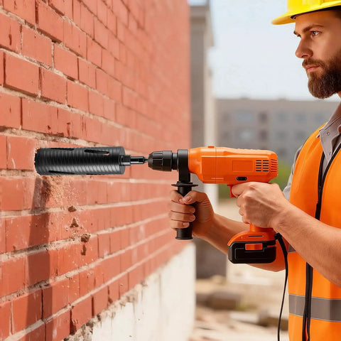 Heavy Duty Pro Grade Diamond Dry Core Drill Bit Set With 3 Inch Core Diameter 9-1/2 Inch Drilling Depth 5/8-11 Internal Thread Includes Three Adapters Pilot Drill And Hex Wrench For Concrete Red Bricks And Masonry in use, drilling red brick wall