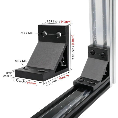 14 Pack 2040 Aluminum Extrusion Corner Brackets 90 Degree Right Angle L Connectors With T Slot Nuts and Bolts, dimensions shown.