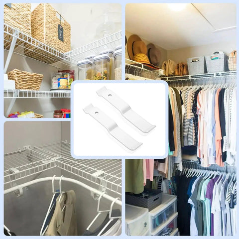 Heavy Duty White Wire Shelf Corner Brackets Replacement For Adjustable Ventilated Wire Shelving Corner Support For Easy Closet Organization 2 Pack For Home Use, shown in installed closet setting with clothes and storage.