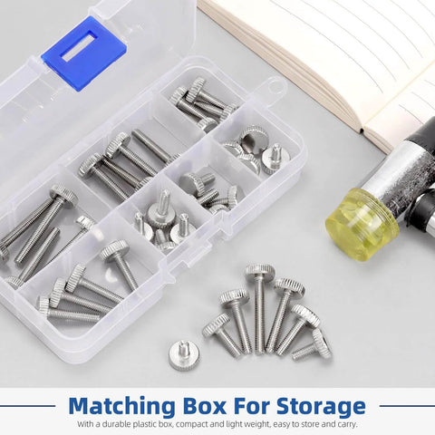 35 Piece M4 Knurled Thumb Screw Set With Seven Lengths 8mm 10mm 12mm 16mm 20mm 25mm 30mm Fully Threaded Round Flat Knurled Head Bolts Shoulder Grip Fasteners For Electronics And Mechanical Projects With Grab And Go Storage Case in open box