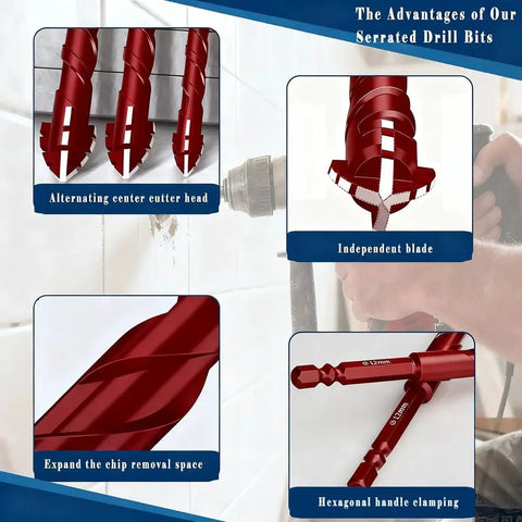 10 Piece Red One Quarter Inch Serrated Eccentric Masonry Drill Bit Set Pro Grade For Concrete Tile Brick Glass Plastic Marble And Wood Includes 6mm Bits And Precision Crisscross Serrated Tip For Skid Free Drilling shown with features highlighting serration, blade, and hex shank