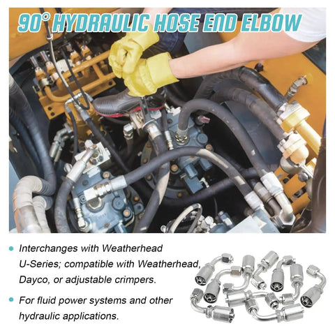 10 Piece 90 Degree Hydraulic Hose Fittings For Three Eighths Inch Hose To Three Eighths Inch JIC 37 Degree Female End Elbow Crimp Fittings Compatible With Weatherhead U-Series And Dayco Carbon Steel Construction Delivers Strength And Durability For Heavy shown in use with machinery and close-up of fittings
