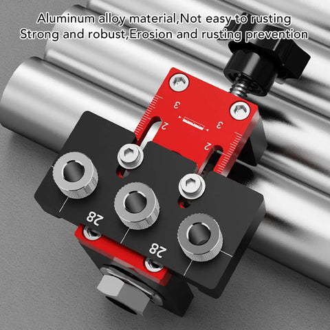 Three In One Dowel Jig Kit Pocket Hole Jig With Adjustable Woodworking Drill Locator, aluminum guide with measurement markings.