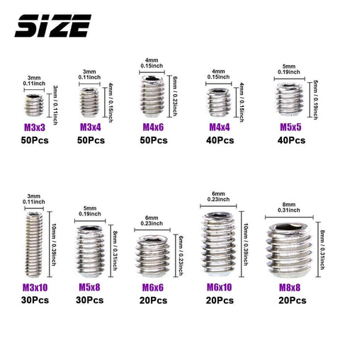 Stainless Steel Allen Head Socket Grub Screw Set With 350 Pieces In 10 Sizes M3 To M8 Internal Hex Drive Cup Point Screws chart