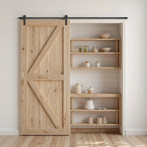 10 Foot Sliding Barn Door Hardware Kit For 60 Inch Wide Doors, 330 Lbs Capacity installed on wooden barn door