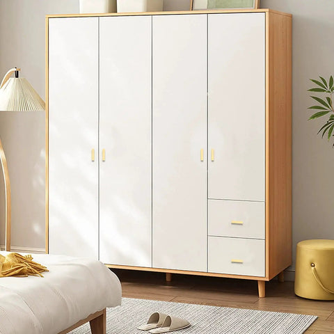 Modern wooden wardrobe with white doors featuring subtle gold handles