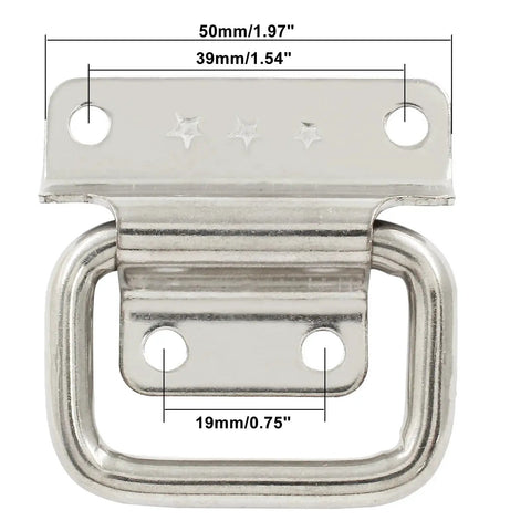 Front view of 4 Piece Stainless Steel Foldable Chest Handles 2 Inch With Screws For Toolbox Doors And Chests showing dimensions.