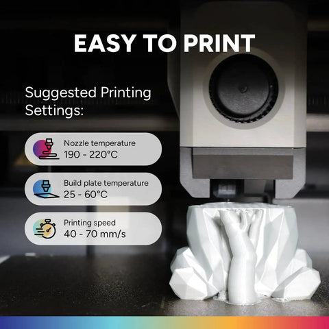 3D printer with white model and settings for Black PLA Plus Filament 1.75mm 1kg High Strength Toughness 5X Impact TangleFree