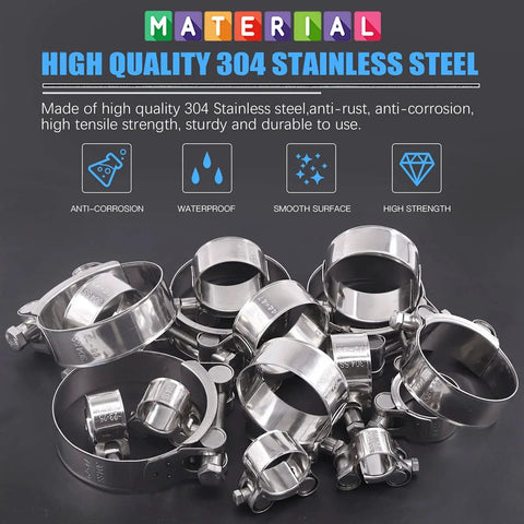 Heavy Duty 6 Pack 17-19mm T Bolt Hose Clamps Made From 304 Stainless Steel With Ear Clamp Design on display showing anti-corrosion features.