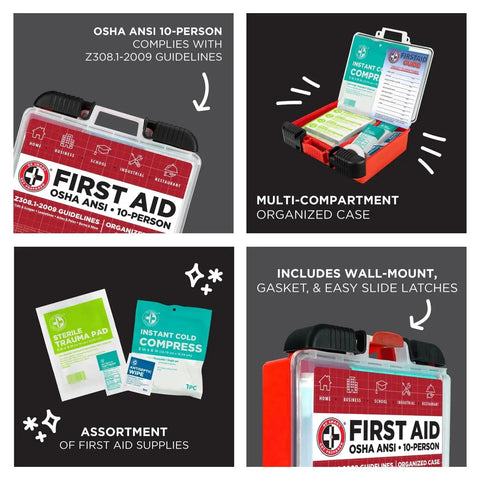 Ten Person OSHA ANSI First Aid Kit With One Hundred Pieces for quick access; features multi-compartment design and assorted supplies