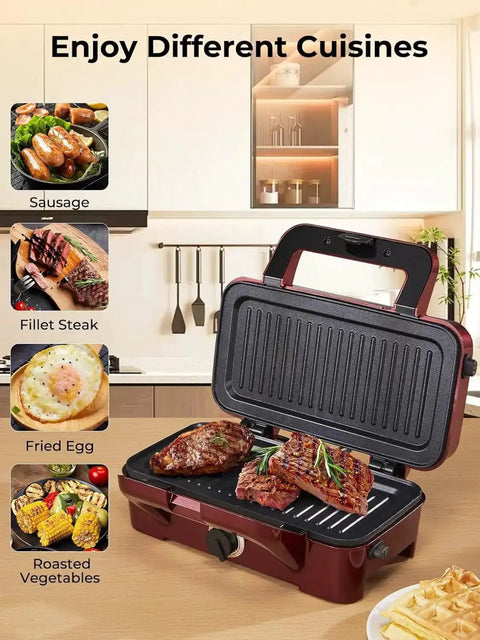 3-In-1 Sandwich And Waffle Maker With Removable Nonstick Plates, 1200W Panini Press, shown grilling meat with interchangeable plates