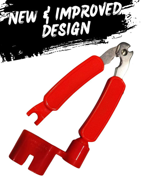 New design of 3 In 1 Guitar String Winder Cutter And Bridge Pin Puller for acoustic and electric guitars, red handle.