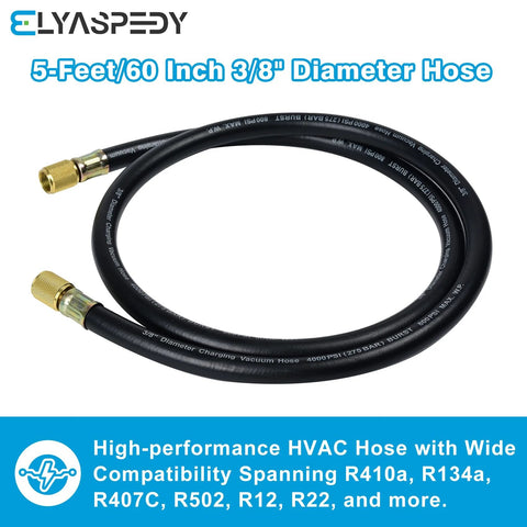 HVAC 3/8 in vacuum hose, 5 ft, black with brass 3/8 in x 3/8 in fittings.