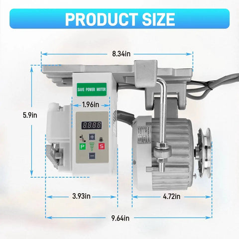 Pro Grade Brushless Servo Motor For Sewing Machines With Controller And Foot Switch, Adjustable Speed, product dimensions view