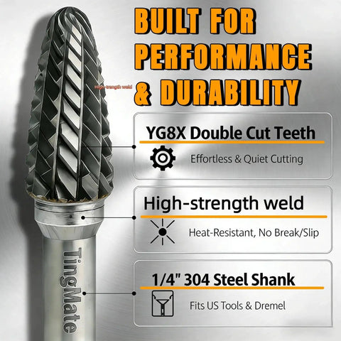 Close-up of Tungsten Carbide Burr Set Ten Pieces Pro Grade One Quarter Inch Shank Double Cut Double Spiral Groove