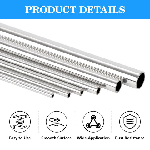 A-KARCK 1-inch OD 304 stainless steel round tubes, 12-inch length, 1.5mm wall, 2 pcs, silver.