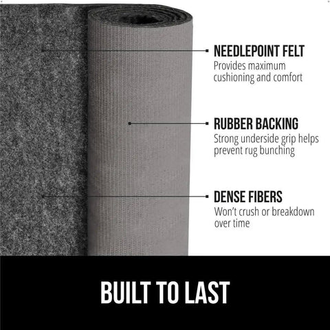 Close-up of felt with rubber rug pad showing needlepoint felt, rubber backing, and dense fibers, promotes grip and comfort