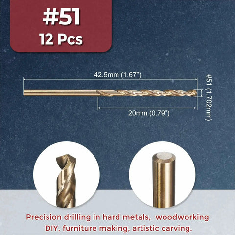 Diagram showing the 12 Piece Drill Bit Set With Size 51 Diameter 1.702mm M2 HSS Micro Mini Cutting Bits for metal, wood, plastic.