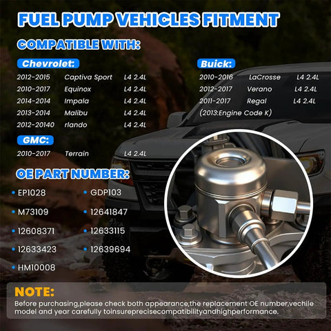EP1028 High Pressure Fuel Pump Plug And Play Compatible With 2010 To 2017 2 4L Buick LaCrosse Regal Verano Chevy Equinox Malibu GMC Terrain Direct Injection Fuel Pump Assembly Part Numbers 12641847 And 12639694 compatibility chart and part number details