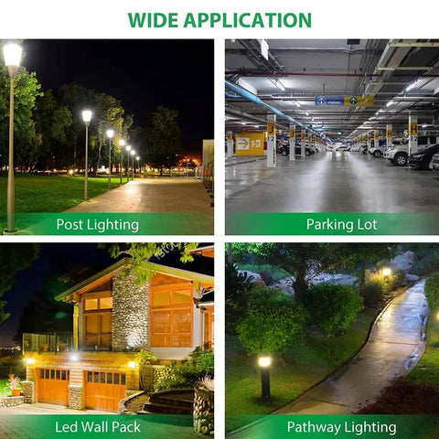 Outdoor lighting applications include post, parking lot, LED wall pack, and pathway lighting.