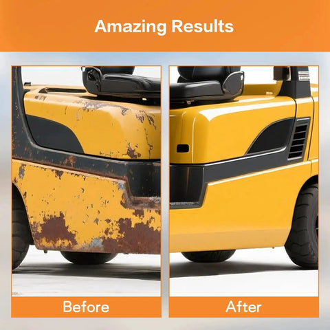 Side-by-side comparison of a forklift's condition before and after restoration, showing improved paint and cleanliness.