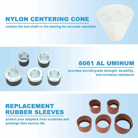 Universal Cam Bearing Removal and Installation Tool Set components with nylon centering cone, 6061 aluminum pieces, and rubber sleeves.