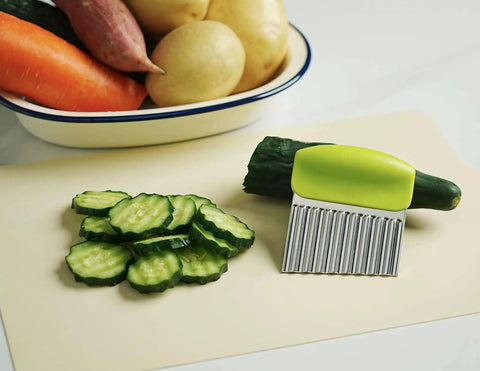 Fun Crinkle Cutter Knife Set Two Pack For Potatoes Vegetables And Fruits, wavy slicer with green handle on cucumber slices