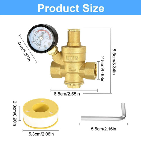 Half Inch Water Pressure Regulator Valve With Gauge For Home Plumbing, Heavy Duty Brass Adjustable Water Pressure Reducer shown with accessories.