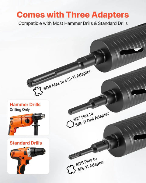 Heavy Duty Pro Grade Diamond Dry Core Drill Bit Set With 3 Inch Core Diameter 9-1/2 Inch Drilling Depth 5/8-11 Internal Thread and Adapters