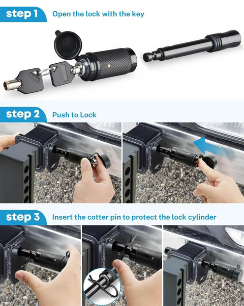 Installation steps of the 5 By 8 Inch Trailer Hitch Lock Pin With Keys Heavy Duty Locking Hitch Pin For Class III IV Tow RV Hitches