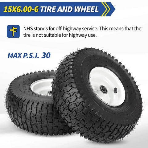 Two Pack 15x6.00-6 Rubber Lawn Mower Tire And Wheel Set With Three Quarter Inch Bearing Bore And Three Inch Centered Hub For Riding Mowers Flat Free Replacement For 15x6.00-6