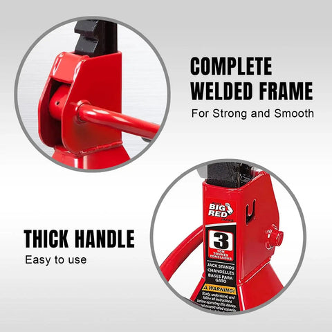Close-up of 3 Ton Jack Stands 2 Pack with Adjustable Lock Welded Steel Vehicle Support, showing welded frame and thick handle.