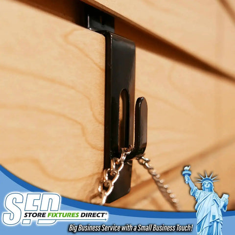 Black Slatwall Notch Hook with chain in retail display setup for hanging photos and plaques