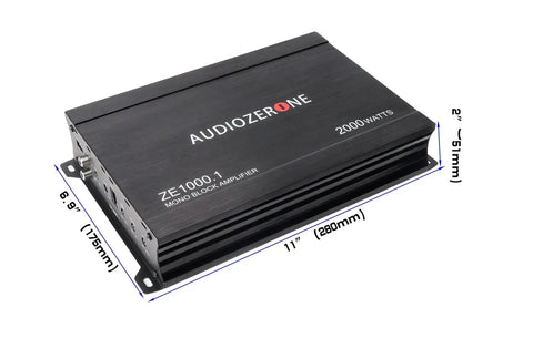 Beast 2000W Monoblock Class D Car Amplifier with dimensions, designed for subwoofers, shown in black with side controls.