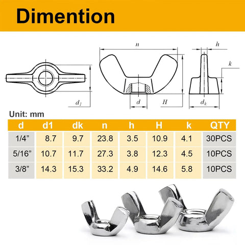 Assorted Wing Nuts Kit 50 Pieces With Size Range 1/4-20 5/16-18 3/8-16 SAE Steel Zinc Plated Carbon Steel Butterfly Wing Nuts diagram