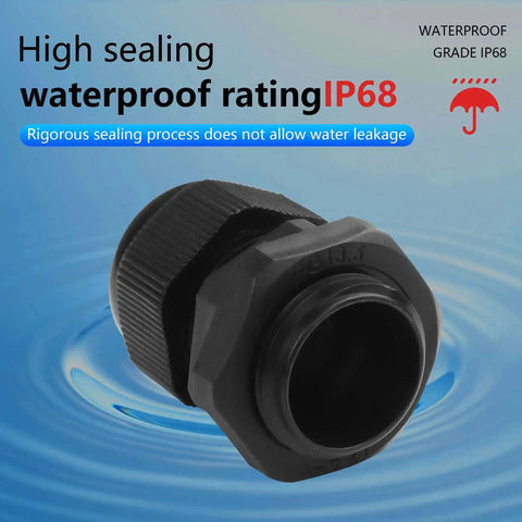 Waterproof Cable Gland Set 10 Pack PG13.5 Black Nylon Adjustable Glands with IP68 waterproof rating for outdoor tech use.