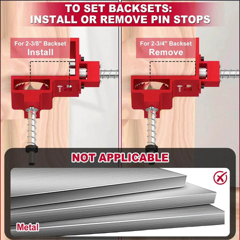 DIY Friendly Heavy Duty Door Lock Installation Kit with Guide Template and Aluminum Jig for One Three Eighths Inch or One Three Quarters Inch Doors Fits Two Three Eighths Inch and Two Three Quarters Inch Backsets, showing tool usage on wood, not applicable to metal.
