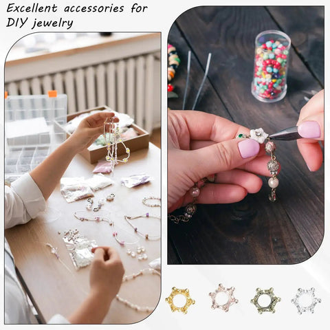 Hands using 50 Pack Mini Crown Charms For DIY Jewelry Making with mixed color vintage 3D alloy king crowns in a craft project.