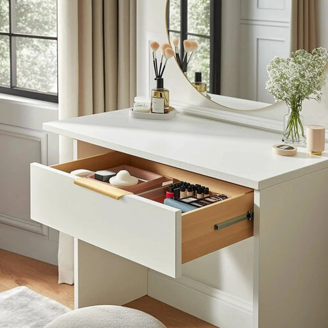 Open drawer with makeup and Gold Edge Finger Pulls For Cabinets 6 Inch Set Of 10 Aluminum Concealed Tab Drawer Handles Brushed Brass Finish